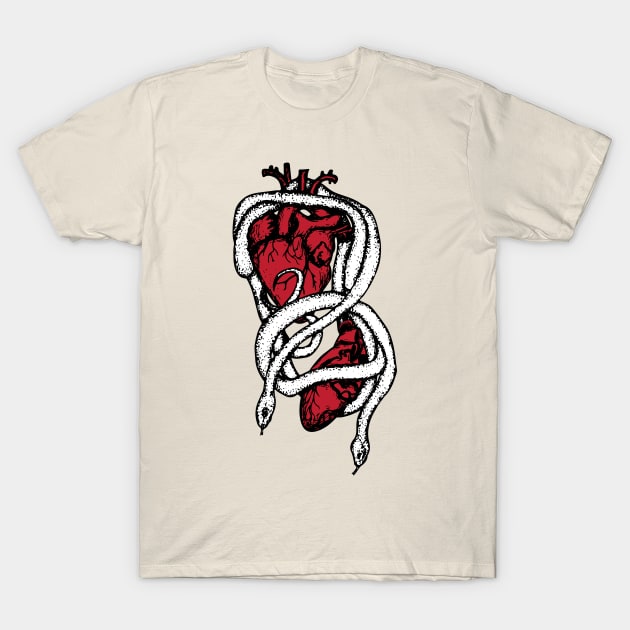 Black, White, and Red Snakes with Anatomical Hearts T-Shirt by Minervalus-Art